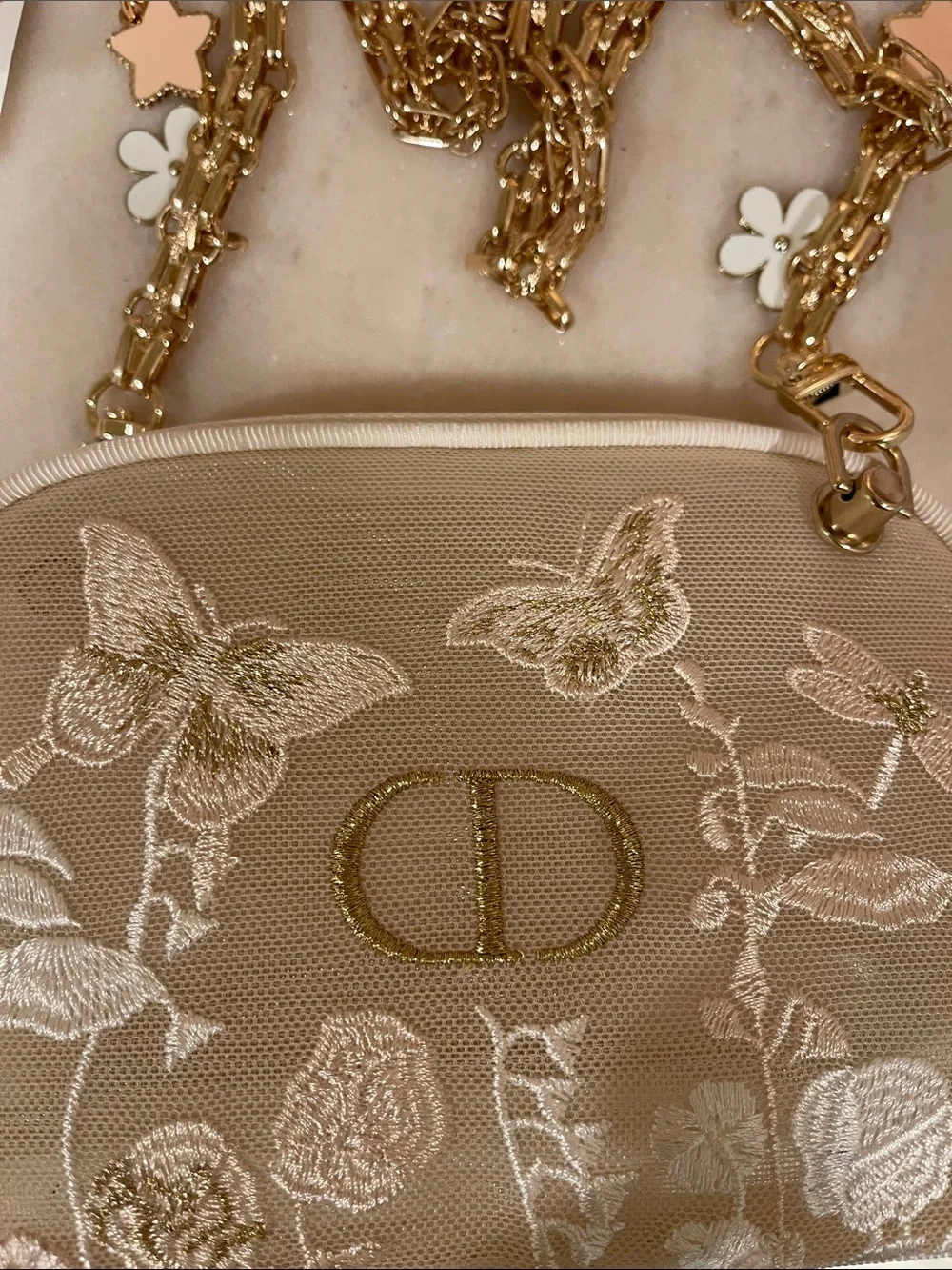 Dior Cream Embroidered Cosmetics Bag with Gold CD Charm and Floral Accents